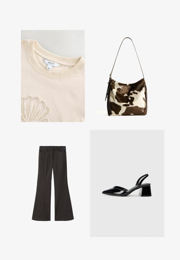 Kermanvärinen puuvillaneule, jossa on kapea pyöreä pääntie ja monimutkainen helmityö, joka muodostaa kuorikuvion etuosaan. Brändilapuke näkyvissä.; Mustat vyötäröltä korkealla loistavat housut; niissä on kaksi etutaskua ja sileä kangaspinta. Sopii eri tilaisuuksiin.; Mustat patentoitu nahkakengät, joissa on säären takaosa ja terävä kärki, sekä geometrinen palikkakorko. Sisältää tyylikkään, minimalistisen muotoilun ja sileän pinnan.; Ruskea ja kerma cowhide-olkalaukku, jossa on sileä nahkahihna, vetoketju ja pehmeä, teksturoitu pinta, jossa on luonnollinen kuvio.