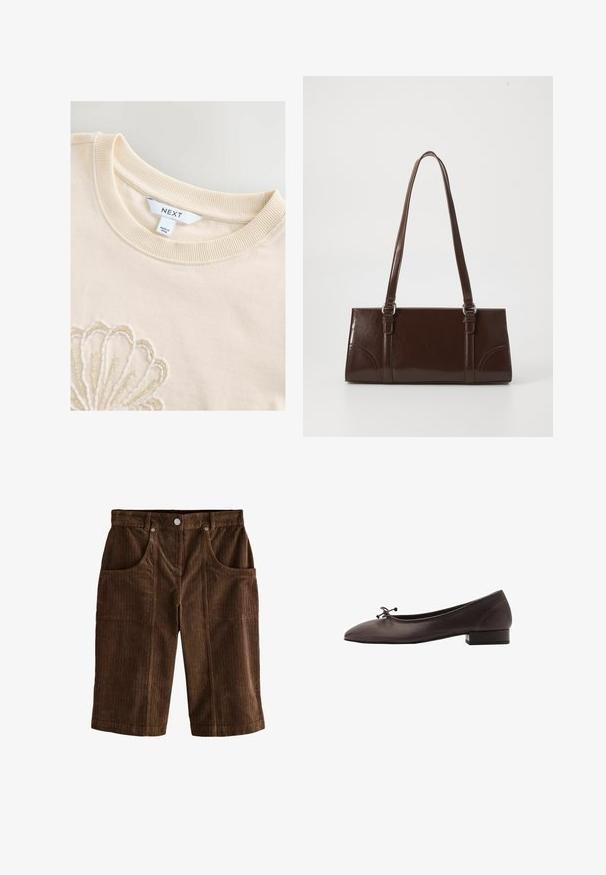 Sudadera de algodón color crema con cuello redondo acanalado y un intrincado trabajo de cuentas formando un patrón de concha en la parte delantera. Etiqueta de la marca visible.; Pantalones cortos de pana marrón con un patrón de rayas verticales texturizadas, dos bolsillos frontales y un cierre de botón en la cinturilla.; Bailarinas de cuero marrón con puntera redondeada y pequeño tacón bloque. Presentan un lazo delgado en la parte delantera y detalles de costura sutiles.; Bolso de mano de piel sintética marrón con forma rectangular, dos asas largas y sutiles acentos curvados en la parte delantera.