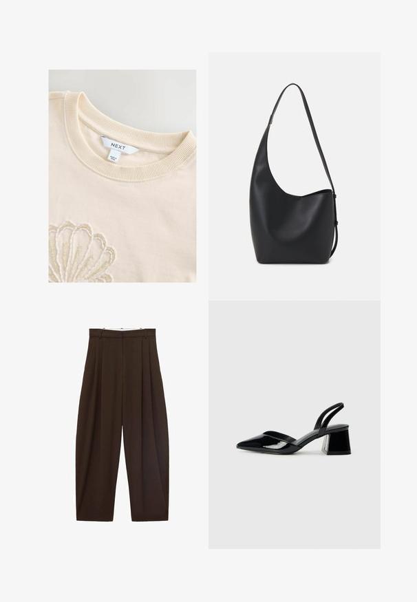 Crèmekleurige katoenen sweatshirt met een ribbelachtig ronde halslijn en ingewikkelde kraalwerk dat een schelpmotief op de voorkant vormt. Merklabel zichtbaar.; Bruine high-waisted broek met plooien, gemaakt van soepel materiaal. Loose fit, rechte pijpen, met riemlussen en een ritsluiting.; Zwarte gepatineerde leren slingback hakken met een spitse neus en een geometrische blokhak. Kenmerkt zich door een slank, minimalistisch ontwerp en een gladde textuur.; Zwarte leren hobo tas met een gladde textuur, kromme vorm en een enkele verstelbare schouderband; heeft een brede opening aan de bovenkant.