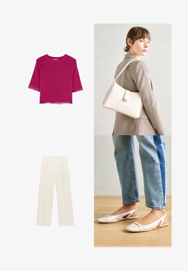 Fuchsia gebreide trui met korte mouwen en kantdetails aan de onderkant. Zachte textuur en losse pasvorm. Heeft een ronde hals en een effen kleurdesign.; Wijdgevallen broeken in een lichtcrème kleur. Gemaakt van een zachte stof met plooien aan de voorkant en zijzakken.; Zachtroze slingback ballerina's met een spitse neus, gemaakt van een glad leerachtig materiaal. Bevat uitsnijdingen aan de zijkanten en heeft een platte hak.; Witte leren handtas met een gestructureerd ontwerp, voorzien van een magneetsluiting en een schouderriem, tentoongesteld tegen een neutrale achtergrond.