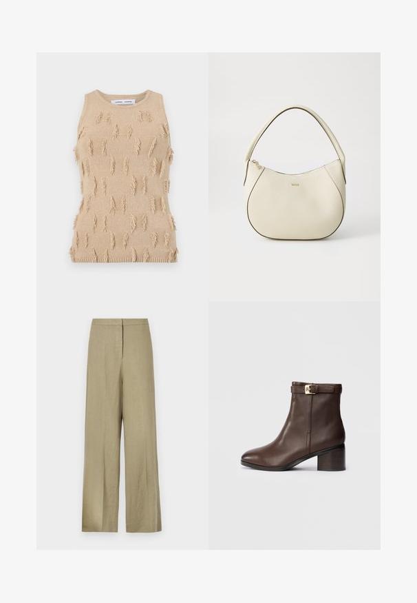 Bež prsni brezrokavnik z teksturiranim dizajnom in izstopajočimi resicami, rebrastim izrezom in spodnjim robom.; Svetlo zelene hlače širokega kroja iz lanu. Imajo visok pas in čist prednji dizajn z enim pregibom.; Rjave usnjene gležnarice s zaobljenim nosom, nizko blokasto peto in dekorativnim paščkom z zaponko okrog gležnja. Gladka tekstura in eleganten dizajn.; Kremna torbica z teksturiranim zaključkom, ukrivljena oblika, kratek ročaj in detajl v zlatem tonu z logotipom. Zadrga na vrhu.