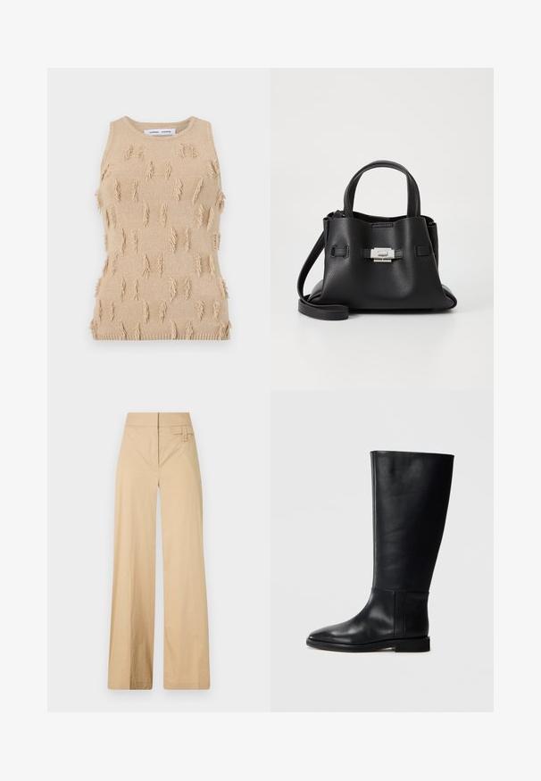 Bež prsni brezrokavnik z teksturiranim dizajnom in izstopajočimi resicami, rebrastim izrezom in spodnjim robom.; Beige široke hlače iz mešanice bombaža. Imajo gladko teksturo, elastičen pas in stranski gumbov detajl.; Črne usnjene škornje do kolen z zaobljenim nosom, gladko teksturo, minimalističnim dizajnom in ravnim podplatom. Preproste šivane detajle na zgornjem delu.; Črna usnjena torbica z teksturirano površino, ki ima dva zgornja ročaja, odstranljiv ramenski trak in podrobnosti z srebrnim zapiranjem.