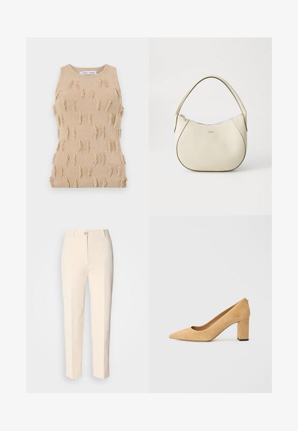Beige knitted sleeveless top featuring a textured design with protruding fringe accents, ribbed neckline, and bottom hem.; Cream-colored, high-waisted trousers made of textured fabric. Features a front button closure and tapered legs.; Beige suede high-heeled pump with a pointed toe and a chunky block heel. The material has a soft texture with a smooth finish.; Cream-colored handbag with a textured finish, curved shape, short handle, and gold-tone logo detail. Zipper closure at the top.