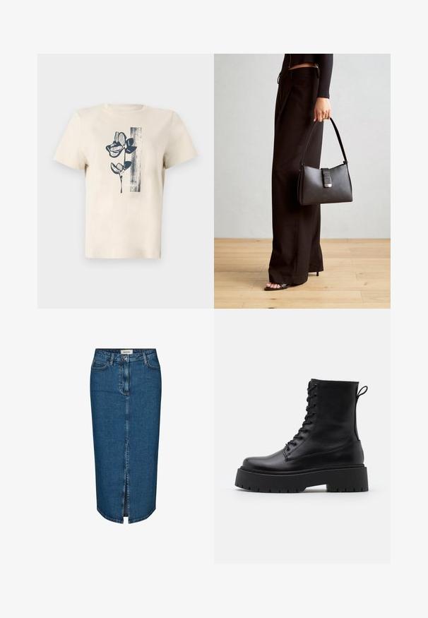 Bežs kokvilnas T-krekls ar tumši zilu ziedu grafiku un vertikāliem svītru izstrādājumiem kreisajā pusē. Īsās piedurknes un apaļa kakla izgriezums.; Tumši zila denima zīda svārki ar priekšējo izgriezumu, piecām kabatām un kontrastējošām šuvēm. Vidēja augstuma jostasvieta ar klasisku dizainu.; Melni ādas potītēm zābaki ar apļveida purngalu, auklām priekšpusē un biezu gumijas zoli ar teksturētu protektoru. Velkšanas cilpa aizmugurē.; Melnā somiņa ar strukturētu formu, gludu tekstūru un metālu sprādzi. Saskaņota ar platām melnām biksēm un sandālēm ar atvērtu purngalu uz koka grīdas.