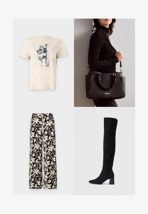 Bežna bombažna majica z mornarsko cvetličnim grafičnim vzorcem in vertikalnim črtastim detajlom na levi strani. Kratki rokavi in krožna izreza.; Črne široke hlače z kremnim cvetličnim vzorcem. Narejene so iz lahkega blaga, ki ima gladko teksturo in visok pas.; Črne semiš škornje do kolen z blok peto, s koničastim nosom in gladkim, brezšivnim dizajnom na enostavni svetli podlagi.; Črna torbica z teksturirano površino, z dvema zgornjima ročajema in nastavljivim ramenskim pasom. Ima zlatovrateče dodatke in stranske žepe.