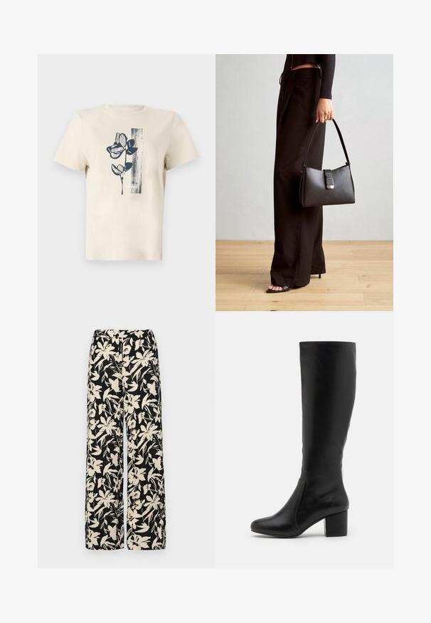 Camiseta de algodón beige con un diseño gráfico de flores en azul marino y detalle de rayas verticales en el lado izquierdo. Mangas cortas y cuello redondo.; Pantalones de pierna ancha negros con un patrón floral crema. Fabricados en un tejido ligero, con una textura suave y una cintura alta.; Botas de cuero negras hasta la rodilla con una textura suave, punta redondeada, panel lateral y un tacón grueso tipo bloque.; Bolso negro con forma estructurada, textura suave y un cierre metálico. Combinado con pantalones anchos negros y sandalias de dedo en un suelo de madera.