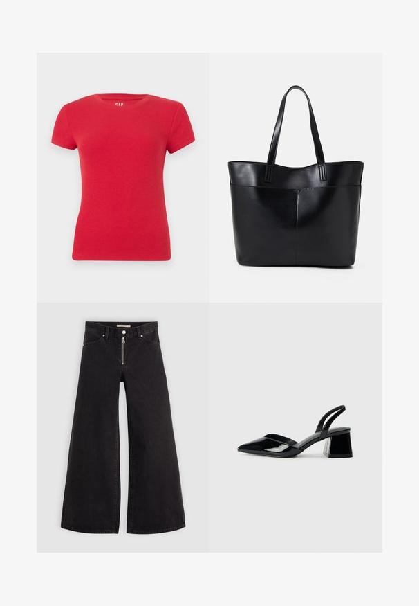 T-shirt rossa in cotone a coste con colletto a girocollo e maniche corte. Design semplice senza motivi o accenti visibili.; Jeans a gamba larga in denim nero con chiusura a zip, design a cinque tasche e dettagli di cucitura sottili. Texture morbida e stile casual.; Décolleté in vernice nera con punta affusolata e tacco in geometria cubica. Presentano un design elegante e minimalista, con una texture liscia.; Borsa a tracolla in pelle nera con due manici lunghi, una texture liscia e una forma strutturata. Presenta una tasca frontale per ulteriore spazio di archiviazione.