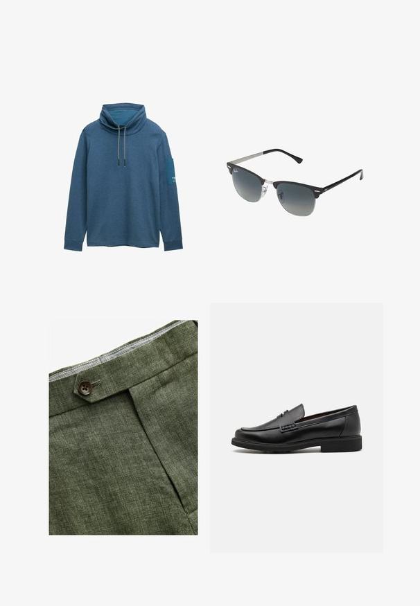 Blue, long-sleeve pullover with a high collar, drawstring detail, and a contrasting patch on the left sleeve. Soft, textured fabric.; Olive green linen trousers with a front pleat, featuring a button closure and a contrasting checkered lining at the waistband.; Black synthetic loafers with a prominent stitched front, cushioned insole, and flat rubber outsole; sleek design with minimal detailing.; Black and silver sunglasses with a cat-eye shape, gradient lenses, and metallic accents on the frame. Plastic arms with grey tips.