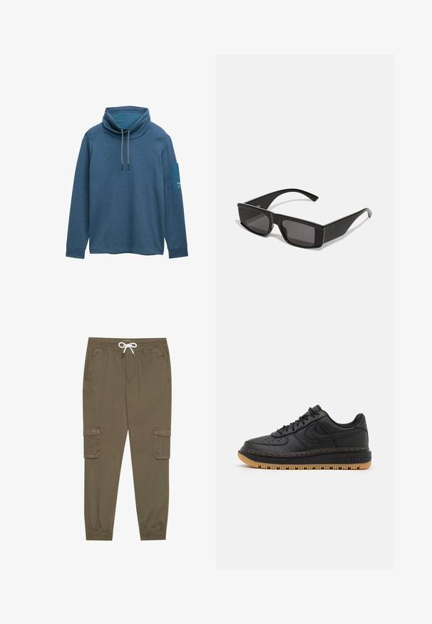 Blauwe, lange mouwen pullover met een hoge kraag, trekkoorddetails en een contrasterend label op de linker mouw. Zachte, gestructureerde stof.; Khaki cargobroek met een elastische tailleband en trekkoord, voorzien van zijzakken en afgeknipte enkels. Gemaakt van een gestructureerd, lichtgewicht materiaal.; Zwarte leren sneaker met textuur, ronde neus, geperforeerde details en een gumrubberen zool. Heeft contrasterende gele stiksels en logo.; Zwarte zonnebril met rechthoekige montuur en donkere lenzen. Gemaakt van glanzend plastic, met een hoekig ontwerp en smalle pootjes.