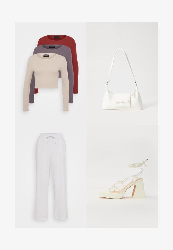 Set of three long-sleeve tops in beige, mauve, and burgundy. Each features a round neck and a fitted ribbed texture.; White linen pants with a drawstring waist, featuring a relaxed fit and straight leg design. Smooth texture, no visible patterns or accents.; White high-heeled sandal with a chunky heel, featuring a strappy design and ankle tie. Smooth texture with a platform front for added height.; White synthetic handbag with a triangular shape, flat front flap and bow detail, adjustable strap, smooth texture, and minimalistic design.