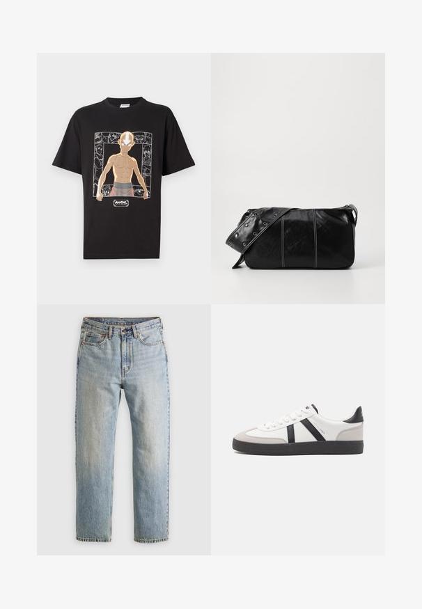 Fekete pamut póló, amelyen egy kopasz fejű és jól kidolgozott torsójú karakter grafikai nyomata látható, körülötte további karakterrajzokkal.; Világoskék farmernadrág magas derékkal, elülső gombbal, cipzárral és öt zsebbel, sima háttérre fektetve.; Fehér sneaker fekete és szürke részletekkel, textúrált szürke orr résszel, fekete gumitalppal és lapos fehér fűzőkkel. Tiszta dizájn, minimalista stílus.; Fekete bőr válltáska, cipzárral zárva, texturált felülettel, fehér varrással és ezüst fémgyűrűs pánttal.