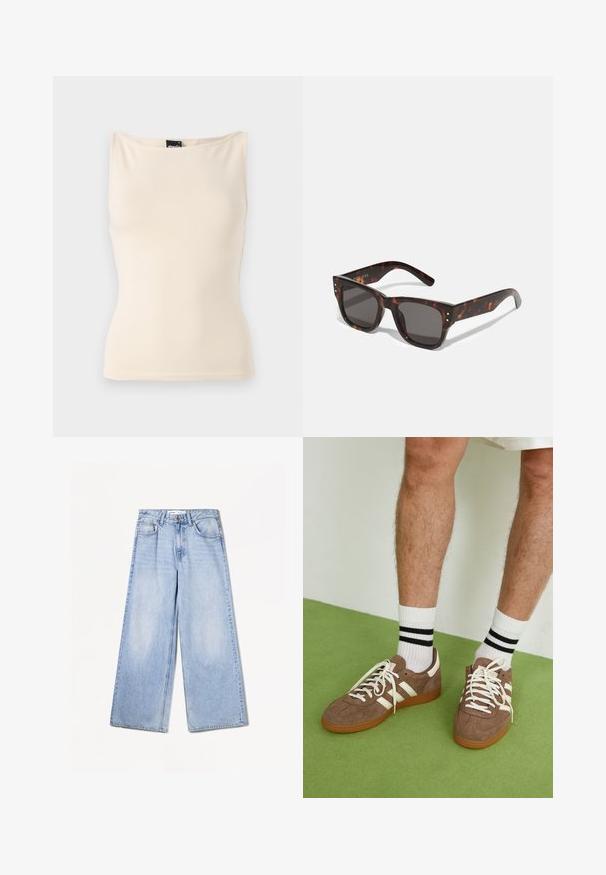 Beżowy top na ramiączkach o dopasowanym kroju, wykonany z gładkiego, elastycznego materiału. Szerokie ramiączka i okrągły dekolt z minimalnymi detalami w szwach.; Bershka WIDE jasnoniebieski denim; Brązowe zamszowe sneakersy z białymi akcentami i sznurówkami. Gumowa, brązowa podeszwa. Noszone z białymi skarpetkami w czarne paski. Zielona teksturowana podłoga.; Słoneczne okulary w kolorze tortoishell z ciemnymi soczewkami, kwadratową oprawą i srebrnymi akcentami na przodzie. Wykonane z plastiku, lekkie i trwałe.; Brązowa torebka skórzana pleciona o luźnym, trójkątnym kształcie. Posiada pleciony uchwyt i zamek błyskawiczny na górze.