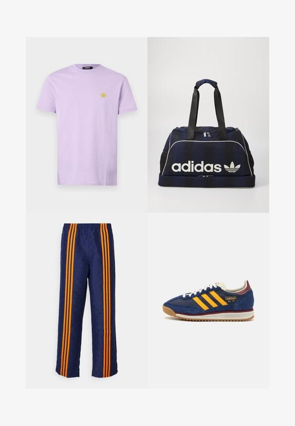 T-shirt de algodão lilás claro com um pequeno logótipo amarelo da Versace no lado esquerdo do peito. Mangas curtas e um decote redondo clássico.; Calças azul-marinho com padrão texturizado em toda a peça, apresentando três listras laranja vibrante ao longo de cada lado. Cintura elástica no topo.; Sneaker de camurça azul-marinho com riscas amarelas, atacadores brancos e realces em bordeaux. Sola texturizada com relevos para aderência. Logótipo da marca de lado.; Mala de duffel azul-marinho com o logótipo branco da Adidas, apresentando um topo com fecho, duas alças pretas robustas e bolsos laterais em malha. Textura do tecido suave.