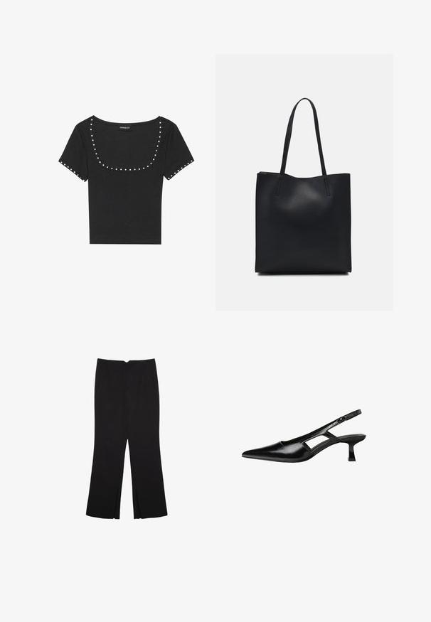 Schwarzes, geripptes, kurzärmeliges Oberteil mit weitem Rundhalsausschnitt, verziert mit silbernen Nieten entlang des Ausschnitts und der Ärmel.; Schwarze Hose mit geradem Schnitt, ausgestattet mit Fronttaschen und Seitenschlitzen am Saum. Hergestellt aus weichem, glattem Stoff. Geeignet für verschiedene Anlässe.; Schwarze Lackleder-Slingback-High Heels mit spitzer Zehenform, ausgeschnittenem Seitendesign und kleinem Blockabsatz. Glatte Textur mit minimalen Akzenten.; Schwarze Laptoptasche aus Leder mit glatter Textur, rechteckiger Form und zwei langen Griffen. Keine sichtbaren Beschläge oder Verzierungen.