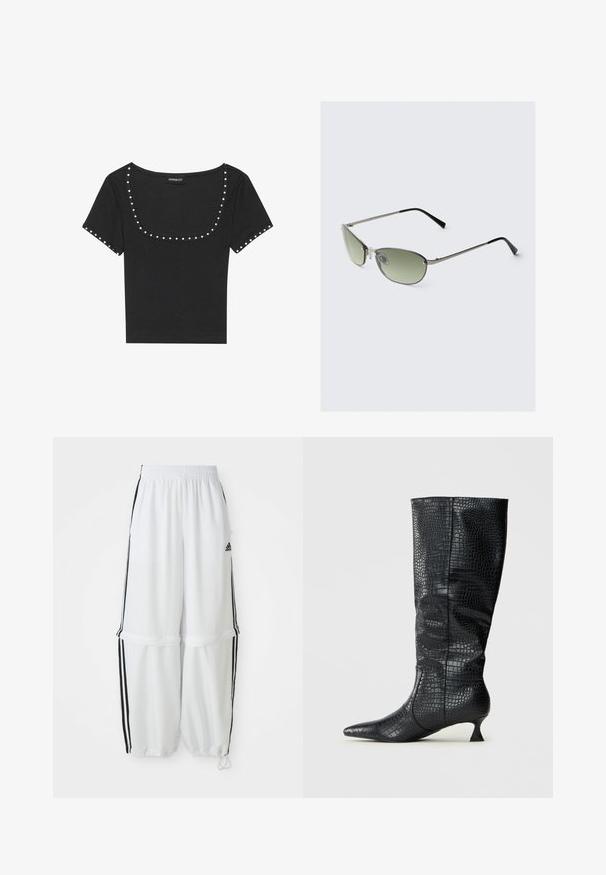 Schwarzes, geripptes, kurzärmeliges Oberteil mit weitem Rundhalsausschnitt, verziert mit silbernen Nieten entlang des Ausschnitts und der Ärmel.; Weiße Sporthose mit lockerer Passform, elastischem Bund und schwarzen Seitenstreifen. Verfügt über Reißverschlusstaschen und elastische Bündchen am Knöchel.; Schwarz kniehohe Stiefel aus kunstleder mit glänzender Krokodilstruktur, spitzer Zehenform und schmalem, kantigem Absatz. Klassisches Design und elegante Silhouette.; Metallsonnenbrille mit schmalen grünen Gläsern, schlankem silbernen Rahmen und schwarzen Bügelspitzen. Verfügt über kleine Nasenpads für zusätzlichen Komfort.; Weiße Stoff-Schultertasche mit geraffter Textur, verstellbarem Riemen und silbernen Beschlägen. Nebeneinander mit einem cremefarbenen Kleid präsentiert.