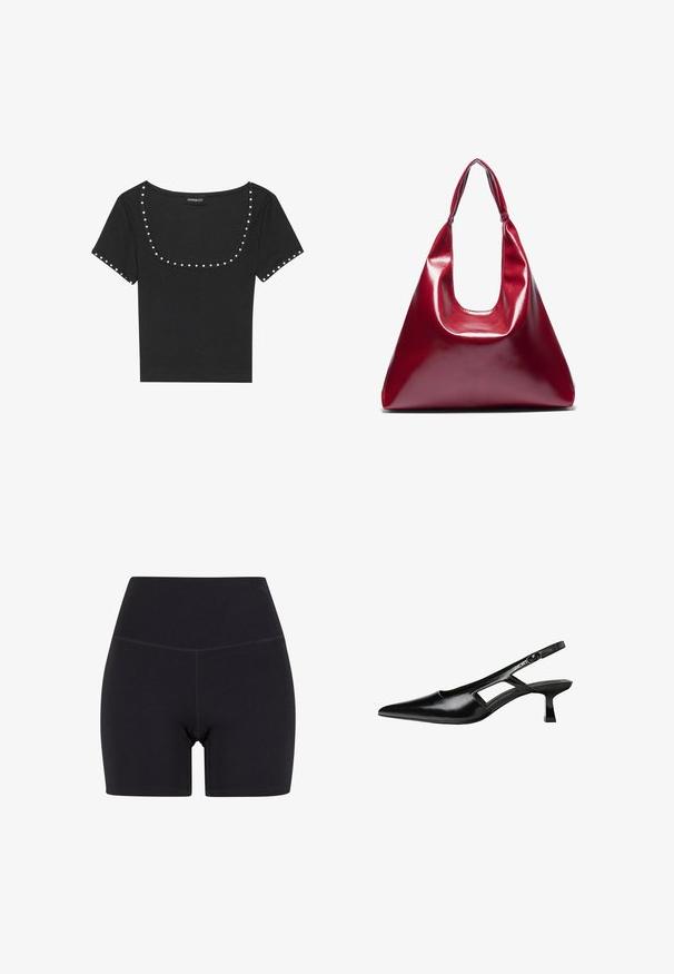 Mustat ribbiälytopit, lyhyet hihat ja leveä rundikaula-aukko, sekä hopeiset niitit kaula-aukossa ja hihoissa.; Mustat korkeavyötäröiset shortsit, jotka on valmistettu joustavasta kankaasta. Ominaisuuksiin kuuluvat joustava vyötärö, sileä pinta ja polven ylle ulottuva pituus saumatonta muotoilua.; Mustat lakatut nahkakengät, joissa on viistopää, leikattu sivusuunnassa ja pieni neliökoroke. Sujuva pinta, jossa on minimaalinen koristelu.; Punainen kiiltävä nahkakäsilaukku, jossa on kolmiomainen muoto, leveä yläaukko ja yksi kaareva kahva. Tasainen pinta, jossa on minimaalinen ommeltyyli.