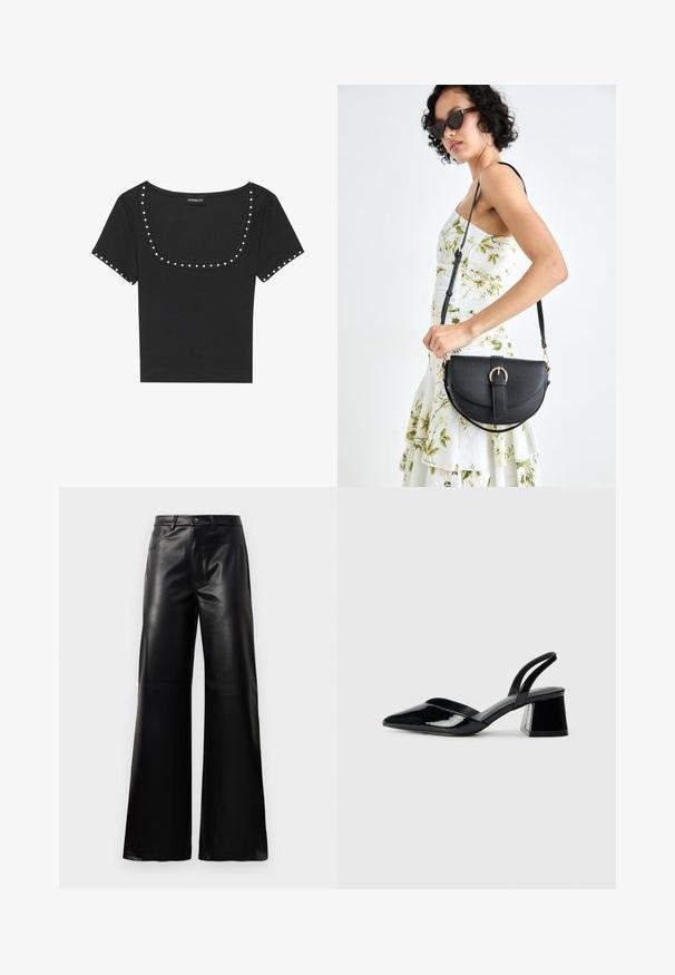 Melnā ribota īsām piedurknēm blūze ar plašu, izgrieztu kakla līniju, akcentēta ar sudrabainiem kniedēm kakla un piedurkņu malās.; Melnas augstās jostas platajās kājās sintētiskās ādas bikses ar priekšējo pogu, rāvējslēdzēju, jostas cilpām un sānu kabatām uz baltā fona.; Melna lakota āda ar atvērto papēdi, ar smailu purngalu un ģeometrisku blokpapēdi. Iezīmējas elegants, minimāls dizains un gluda tekstūra.; Melnas ādas rokassoma ar izliekta formu, noņemamu siksnu un zelta aksesuāriem. Somai ir vāciņš ar sprādzes detaļu.