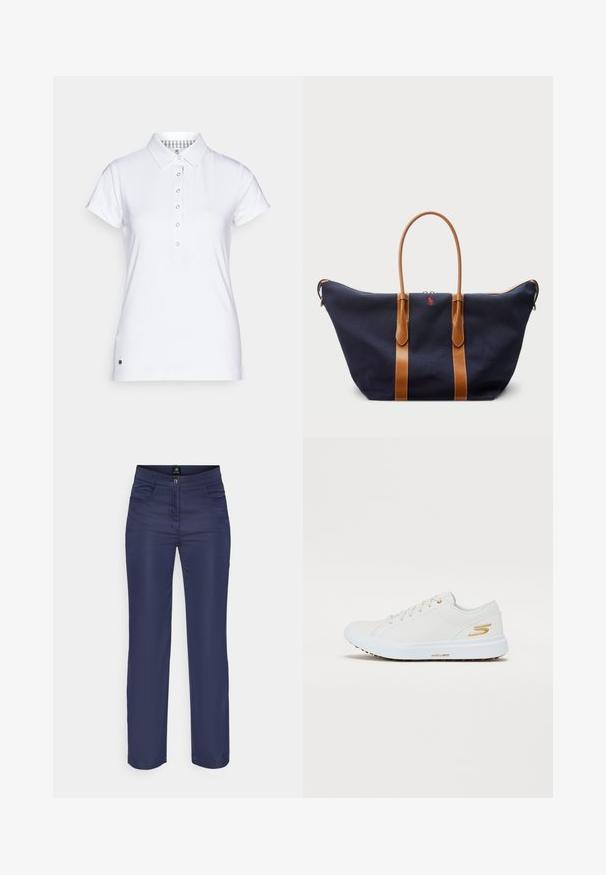 Bílá polo košile s límcem, krátkými rukávy, zapínáním na pět knoflíků a kostkovaným vzorem uvnitř límce. Má malé logo na lemu.; Námořnické modré kalhoty z hladké tkaniny, s knoflíkovým zapínáním, pěti kapsami a rovnými nohavicemi. Minimální detaily šití.; Bílé tenisky s hladkým syntetickým svrškem, zlatými akcenty a pevným gumovým podešví. Mají kulatou špičku, šněrovací design a polstrovaný interiér.; Námořnická plátěná taška typu duffel s hnědými koženými popruhy, se zipovým uzávěrem a malým červeným logem na přední straně, s širokým a prostorným designem.