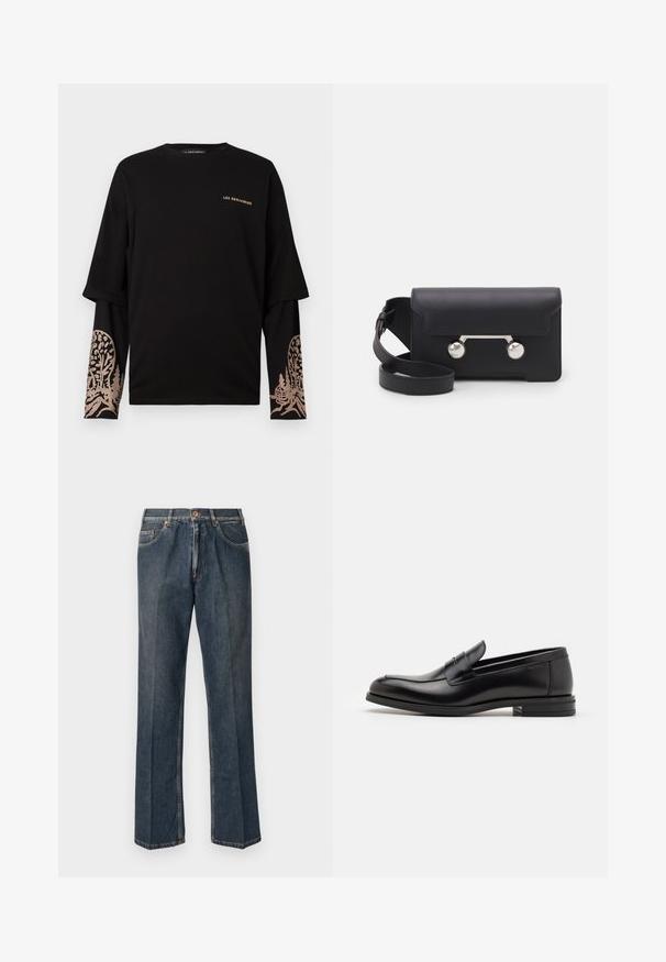 Musta pitkähihaisen kerrospaita, jossa on vaaleanbeige "LES BENJAMINS" -teksti rinnassa sekä puu- ja mökkigrafiikka alaosissa.; Tummansiniset suorat farkut, joissa on edessä nappi, vetoketju, tuplakoteloita ja näkyvät pystysaumat lahkeissa.; Mustat nahkakengät, joissa on sileä pinta, pyöreä kärki ja koristeellinen nauha jalkapöydän yli. Matala pinoitu koroke, minimalistinen muotoilu.; Mustan nahkainen olkalaukku, jossa on läppäkiinnitys, hopeanväriset yksityiskohdat ja kaksi pyöreää koristetta. Varustettu irrotettavalla hihnalla. Sileä pinta.