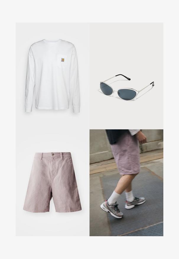 Pitkähihainen valkoinen paita, joka on valmistettu puuvillasta ja jossa on rintatasku neliömäisellä logolapulla. Yksinkertainen muotoilu pyöreällä kaula-aukolla ja cuff-atun hihalla.; Lyhythihainen, nappikauluksellinen paita tummansinisestä teksturoidusta kankaasta, jossa on edessä rintatasku, jossa on neliölogo ja valkoiset napit.; Vaaleanliilat puuvillahousut, joissa on tasainen vyötärö, nappikiinnitys edessä ja sivutaskut. Sileä pinta ja rento istuvuus.; Urheilukengät harmaana punaisilla yksityiskohdilla, verkko-yläosan ja pehmustetun pohjan kanssa, käytetään valkoisten sukkien ja vaaleanpunaisten shortsien kanssa.; Aurinkolasit, joissa on hopeametallic kehys, kissamaiset linssit, tummennetut linssit ja mustat päät varsissa. Siisti, minimalistinen muotoilu.