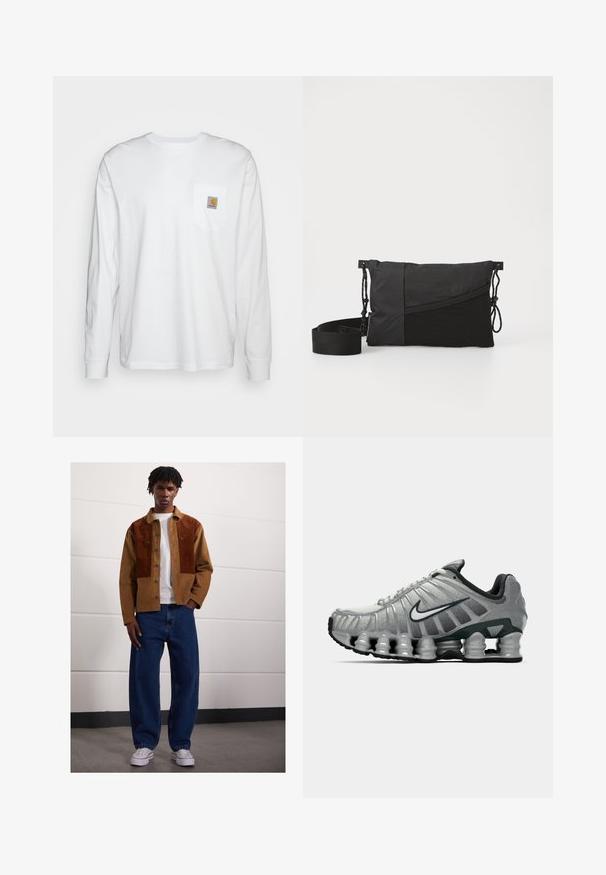 Long-sleeve white shirt made of cotton, featuring a chest pocket with a square logo patch. Simple design with rounded neckline and cuffed sleeves.; Man standing indoors wearing a brown corduroy jacket with rust patches, white t-shirt, loose blue jeans, and white sneakers.; Grey and black Nike running shoe with visible spring-like cushioning under the sole and a white swoosh logo on the side.; Black shoulder bag made of textured fabric, featuring a diagonal design, adjustable strap, and drawstring closures on the sides.