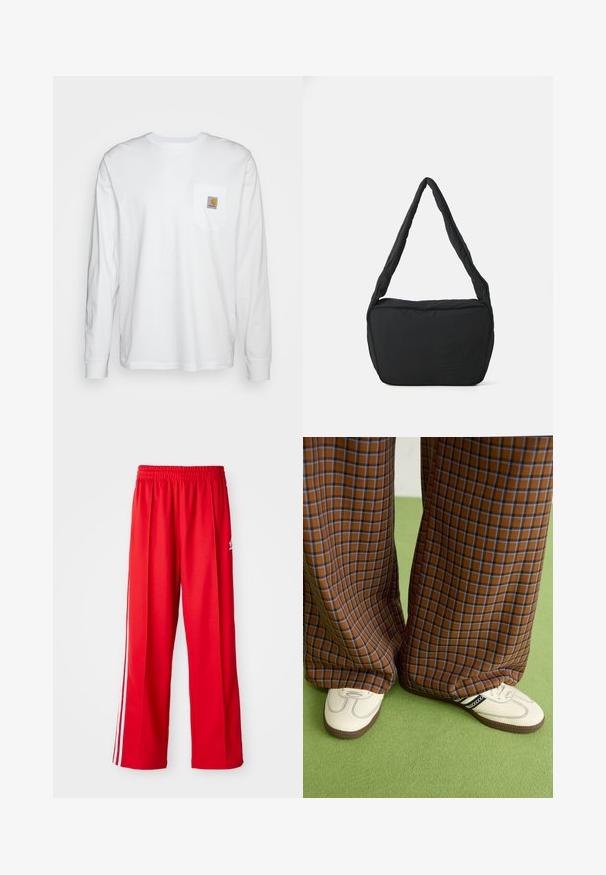 Long-sleeve white shirt made of cotton, featuring a chest pocket with a square logo patch. Simple design with rounded neckline and cuffed sleeves.; Red athletic pants made of lightweight fabric, featuring an elastic waistband, two white side stripes, and a small logo on the hip.; Brown and blue plaid wide-leg trousers paired with white shoes featuring black accents and textured soles, set against a green background.; Black shoulder bag with a padded texture, a rounded shape, and a wide strap, featuring an embossed logo on the front.