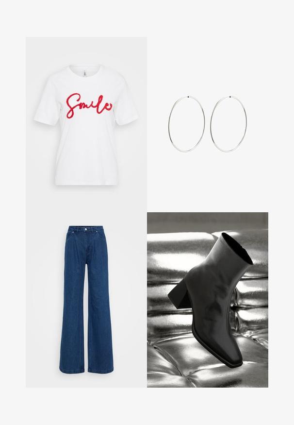 Bela bombažna majica z rdečim, teksturiranim grafičnim napisom "Smile" čez prsi. Kratke rokave in okroglo ovratnico.; Široke modre jeans hlače z visokim pasom, sprednjim gumbom in zadrgo ter sprednjimi in zadnjimi žepi na enobarvni podlagi.; Črne gležnjarje iz sijočega materiala s kvadratnim prstom in zoženim peto, postavljene na sijoče srebrno oblazinjeno ozadje.; Srebrne obročaste uhane z gladkim, okroglim dizajnom in poliranim zaključkom. So tanke in lahke, z enostavnim zapiranjem na sponko.