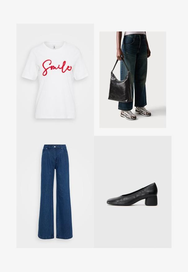 Valge puuvillane T-särk, millel on rinnal punane, tekstuuriga "Smile" graafika. Lühikesed varrukad ja ümar kaelus.; Hallise jalgadega sinised denim püksid kõrge vöökohaga, ees nupuga ja tõmbluku sulguri ning ees ja taga taskutega, lihtsa tausta ees.; Must musta kingadega, ümarate varvaste ja keskmise plokknõrga. Sile tekstuur, minimaalse kaunistusega, kergelt elastse avaga.; Must musta õlakott, millel on sile tekstuur ja reguleeritav rihm, koos pleekinud laia jalgadega teksade ja sportlike tossudega.