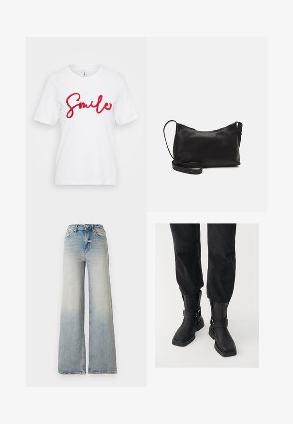 White cotton T-shirt featuring a red, textured "Smile" graphic across the chest. Short sleeves and a round neckline.; Light blue wide-leg jeans made of denim, featuring a high waist, five pockets, and visible stitching along the seams.; Black leather ankle boots with a square toe, featuring a wide strap and metal buckle detail. The boots have a chunky sole and smooth texture.; Black leather shoulder bag with a smooth texture, curved shape, adjustable strap, and a zip closure. Minimalist design without embellishments.
