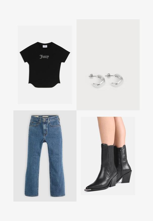 Melna īsām piedurknēm T-krekls ar noapaļotu apakšmalu un raglan piedurknēm. Priekšā ir izceltas "Juicy" burti, izpušķoti ar kristāliem.; Zilas džinsus ar taisnu kāju dizainu. Funkcijas piecas kabatas, standarta pogu un rāvējslēdzēja aizdare, kā arī redzamas šuvju akcenti.; Melnas ādas zābaki līdz potītēm ar norādītām purngalu daļām, uzkrātiem papēžiem, sānu rāvējslēdzēju un dekoratīvu šuvēm, valkāti uz kailām kājām.; Sudraba gredzena auskari ar gludu, pulētu apdari. Apaļa forma ar nedaudz izliekta dizaina un sajauktām malām. Ar tapu aizdari.