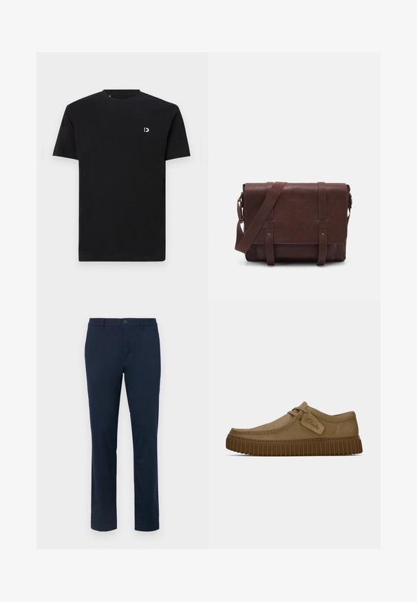 Musta puuvillapaita, jossa on lyhyet hihat, pyöreä pääntie ja pieni valkoinen logo vasemmassa rinnassa. Sujuva rakenne, yksinkertainen muotoilu.; Tummansinisiä chino-housuja, jotka on valmistettu pehmeästä kankaasta. Suora lahjemuotoilu, jossa on yksittäinen nappi kiinnitys ja vyölenkit. Ei näkyviä kuvioita tai yksityiskohtia.; Vaaleanruskeat mokkakengät, joissa on pyöreä kärki, ommeltuja yksityiskohtia ja uritettu ruskea kumipohja. Kengissä on myös sivulappu, jossa on "Clarks"-logo.; Ruskea nahkainen viestintälaatikko, jossa on litteä etuläppä, kaksi remmiä, kultaiset yksityiskohdat ja säädettävä olkahihna.