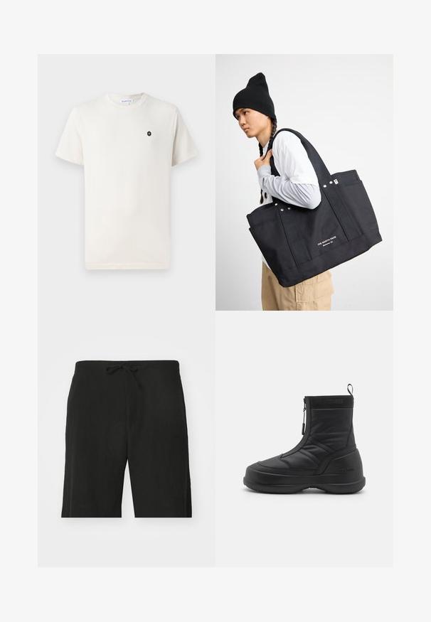 Cream cotton t-shirt with short sleeves, round neckline, and a small black hexagon logo on the left chest area. Smooth texture.; Black linen shorts with a drawstring waist, featuring a relaxed fit and knee-length design. Smooth texture, simple and classic style.; Black waterproof snow boot with a smooth synthetic upper, zip closure, padded collar, and textured rubber sole. Accented with "MOON BOOT" branding.; Black canvas tote bag with two sturdy handles, featuring metal accents and front pockets. The branding is displayed in white text at the bottom.