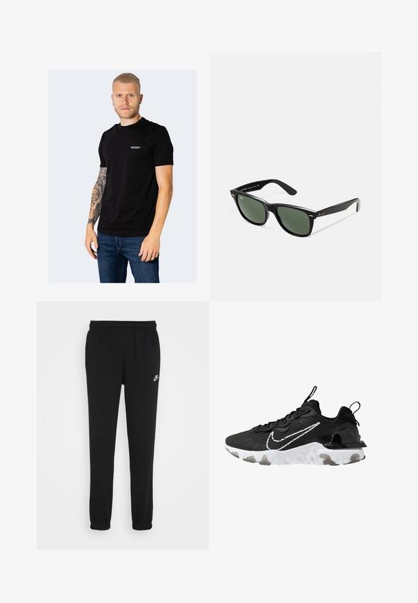 Camiseta preta em algodão com mangas curtas, decote redondo e pequeno logótipo bordado no peito. Usada com jeans de ganga azuis.; Calças de fato de treino pretas com um cinto elástico, pernas ajustadas e um pequeno logótipo da Nike em branco no lado esquerdo. Feitas de um tecido macio texturizado.; Sapatilha atlética preta com um cabedal de tecido texturizado, swoosh branco da Nike e sola branca espessa. Apresenta uma alça no calcanhar para facilitar o calçar.; Óculos de sol de plástico preto com lentes verdes, armações quadradas, detalhe prateado na sobrancelha e hastes texturizadas. Marca indicada na parte interna da haste.