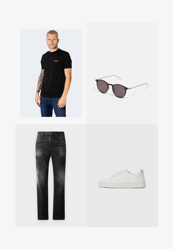 Camiseta preta em algodão com mangas curtas, decote redondo e pequeno logótipo bordado no peito. Usada com jeans de ganga azuis.; Jeans de denim preto com um corte reto. Apresentam áreas desbotadas, ligeira degradação, design clássico de cinco bolsos e um fecho de botão.; Sapatilha de couro branco com acabamento suave, bico redondo, atacadores planos e uma sola texturizada. Apresenta um logotipo discreto no calcanhar.; Óculos de sol redondos pretos com lentes escuras e hastes metálicas finas. Inclui pontas de templo transparentes e detalhes em prata na dobradiça. Design minimalista.