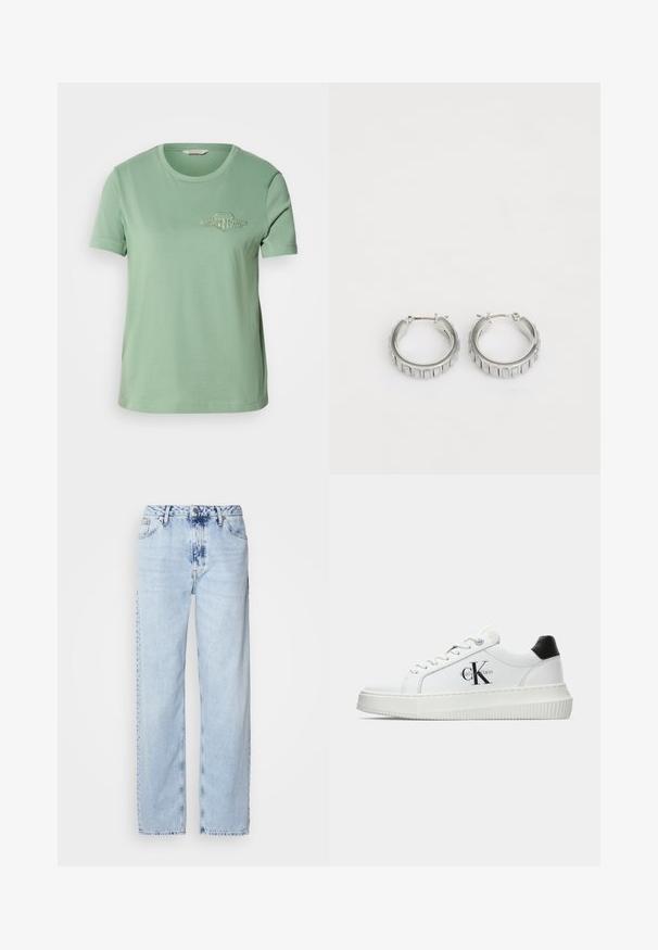 Világoszöld pamut póló rövid ujjakkal, kerek nyakkivágással és hímzett logóval a mellkason. Sima textúrájú és laza fazonú.; Egy világos kék, bő szárú farmernadrág, magas derekú, elhalványult mosással és finom batikolt mintával az elején.; Fehér alacsony szárú edzőcipő fekete saroktabbal, platform talppal, fűzőkkel és Calvin Klein "CK" logóval az oldalán.; Ezüst fülbevalók, texturált mintával, függőleges barázdákkal. Kerek forma, biztos záródással. Sima felület.