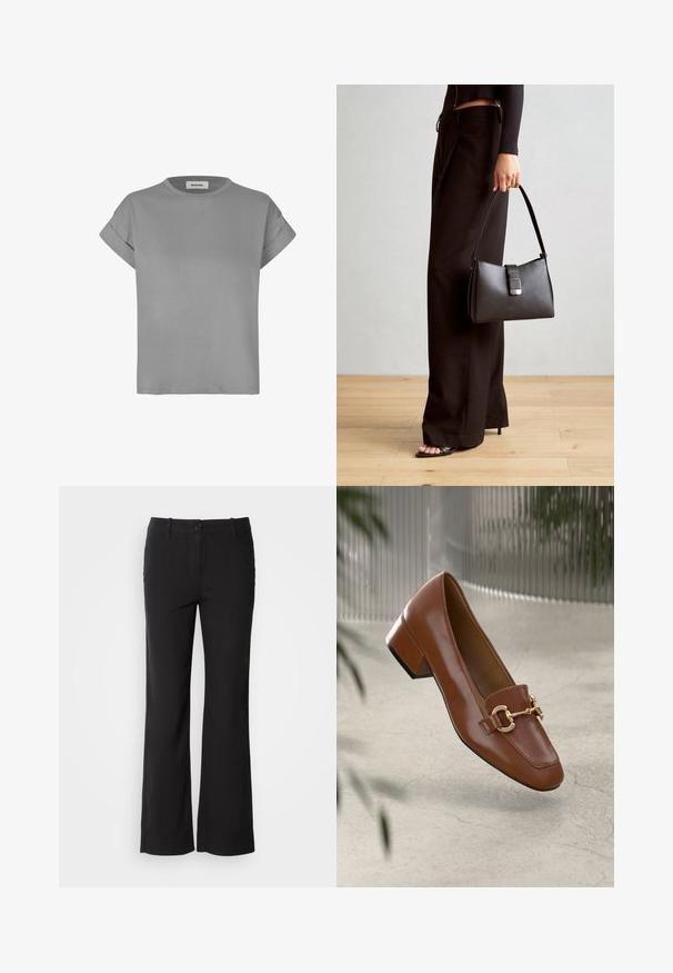 Gray short-sleeve t-shirt, made of soft cotton blend. Features a round neck and rolled cuffs. Simple, straight-cut design.; Black cotton blend trousers with a straight-leg design, front button closure, and two side pockets. Smooth texture, no visible patterns.; Brown patent leather loafer with square toe, metallic chain accent, and low block heel; smooth texture, minimalist design.; Black handbag with structured shape, smooth texture, and a metallic clasp. Paired with wide black pants and open-toe sandals on wooden floor.