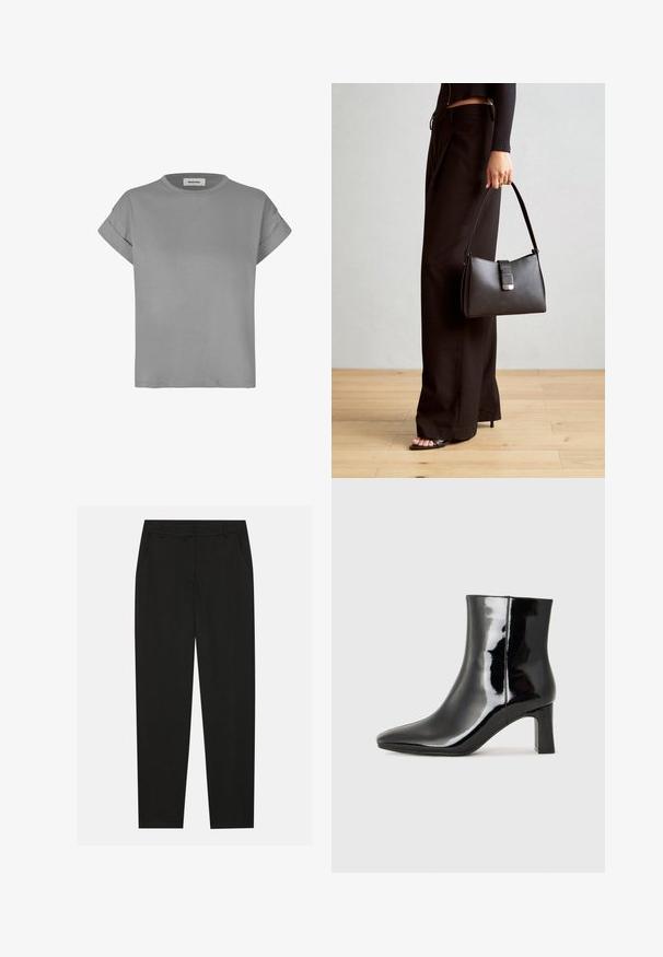 Grå kortärmad t-shirt, tillverkad av mjuk bomullsblandning. Har rund hals och upplagda ärmslut. Enkel, rak passform.; Svarta byxor med skräddarsydd design, med sidofickor och raka ben. Tillverkade av ett mjukt, lätt tyg med en stilren finish.; Svart lackläder ankelboot med spetsig tå och en medelhög klack. Slät textur och minimalistisk design.; Svart handväska med strukturerad form, slät yta och metallspänne. Matchad med vida svarta byxor och sandaler med öppen tå på trägolv.