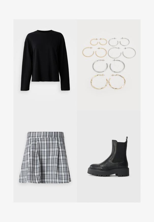 Crna majica dugih rukava izrađena od mekanog, laganog materijala s okruglom izrezom i opuštenim krojem s minimalnim detaljima šivanja.; Karirana mini suknja u sivo-bijeloj boji, s nabranim detaljima i pojasom. Izrađena od lagane tkanine, s okverticalnim i horizontalnim prugama.; Crne kožne gležnjače s elastičnim bočnim panelima, zaobljenim vrhom i debelim teksturiranim gumenenim đonom. Imaju uvučenu petlju straga.; Set od dvanaest naušnica u obliku obruča u srebrnim i zlatnim tonovima. Uključuje isprepletene, glatke i teksturirane dizajne s raznim veličinama i završnim obradama.