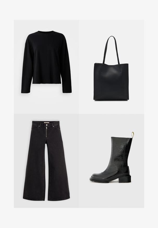 Črna majica z dolgimi rokavi, izdelana iz mehkega in lahkega blaga, s krožnim izrezom in sproščenim krojem ter minimalnimi šivi.; Široke traperice iz črnega denima z zadrgo spredaj, petimi žepi in diskretnimi šivi. Gladka tekstura in ležeren slog.; Črne gležnjarje iz sijočega, strukturiranega materiala. Imajo debelo peto in zanka na hrbtni strani za lažje obuvanje.; Črna usnjena torba s svilnato teksturo, pravokotne oblike in dvema dolgima ročajema. Brez vidnih metalnih delov ali okrasnih elementov.