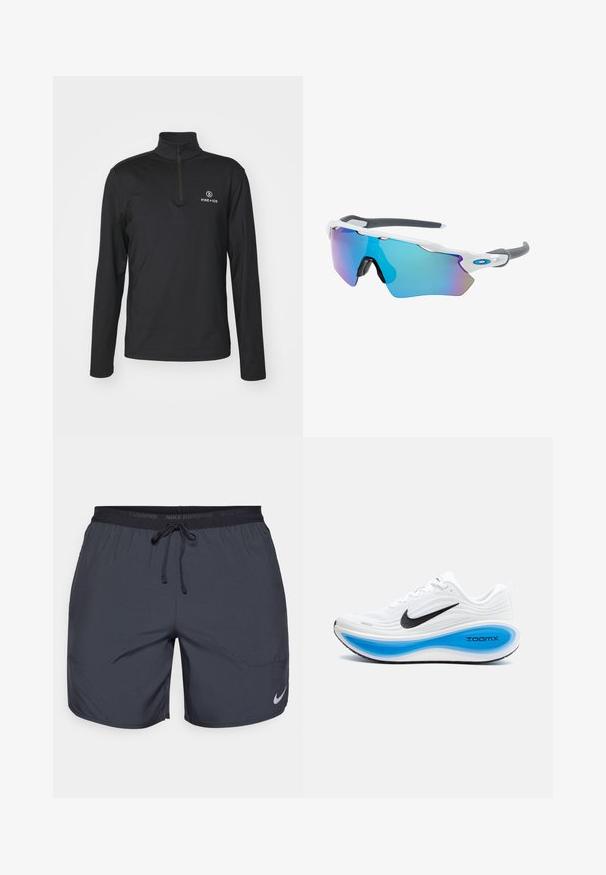 Bogner Fire + Ice PASCAL - Top dugih rukava - deepest navy; Nike kratke hlače za trčanje u tamno sivoj boji, s elastičnim pojasom i vezicom te srebrnim logotipom na donjem desnom dijelu noge.; Bijela atletska cipela s teksturiranim gornjištem, crnim Nike swoosh logotipom i plavim ZoomX međuslojem. Ima zaobljeni vrh i uzorčanu potplat.; Naočale za sunce s bijelim okvirom, sivo-zlatnim detaljima i plavim zrcalnim lećama. Sportski dizajn, oblik koji se prilagođava obliku lica i podesive nosne jastučiće.