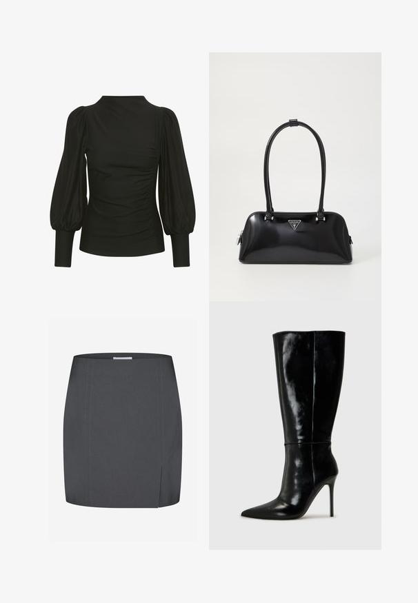 Svart topp med puffärm, slank design, mjukt tyg, med rynkningar på sidan och åtsittande ärmslut. Minimalistisk stil, inga synliga logotyper.; Envii SPLIT - Pennkjol - grey; Svarta läderknähöga stövlar med spetsig tå och hög stilettklack. Slät textur och elegant design med minimal detaljer.; Svart blänkande handväska med en rundad silhuett, två handtag och en framsides logotavla. Dragkedjestängning och glänsande metallaccenter.; Ett set silverörhängen med olika utformningar: ringar, stift och hängande stilar, med bollar och spetsiga detaljer.