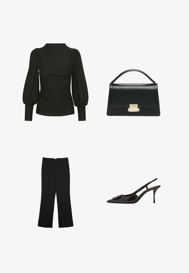 Čierny top s nariasenými rukávmi, elegantný dizajn, jemná látka, s nariasením na boku a priliehajúcimi manžetami. Minimalistický štýl, bez viditeľných log.; Čierne nohavice so strihom rovného strihu, s prednými vreckami a bočnými rozparkami na leme. Vyrobené z mäkkej, hladkej tkaniny. Vhodné na rôzne príležitosti.; Čierne lakované slingback topánky s prednou časťou do špica, minimalistický dizajn, malý obľúkový akcent na nártovej časti a štíhla podpätok.; Čierna kožená kabelka so štruktúrovaným prevedením, horným madlom a detailom zlatého kovového uzáveru na prednej strane. Hladká textura, minimálne šitie.