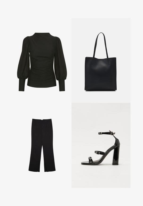 Top nero con maniche a sbuffo, design elegante, tessuto morbido, con arricciature ai lati e polsini aderenti. Stile minimalista, senza loghi visibili.; Pantaloni neri a gamba dritta, con tasche frontali e spacchi laterali all'orlo. Realizzati in tessuto morbido e liscio. Adatti a diverse occasioni.; Sandali con tacco in vernice nera, con punta squadrata, cinturini alla caviglia e fibbie in argento. Presentano un tacco a blocco spesso per maggiore stabilità.; Borsa tote in pelle nera con texture liscia, forma rettangolare e due manici lunghi. Nessun hardware o decorazione visibile.