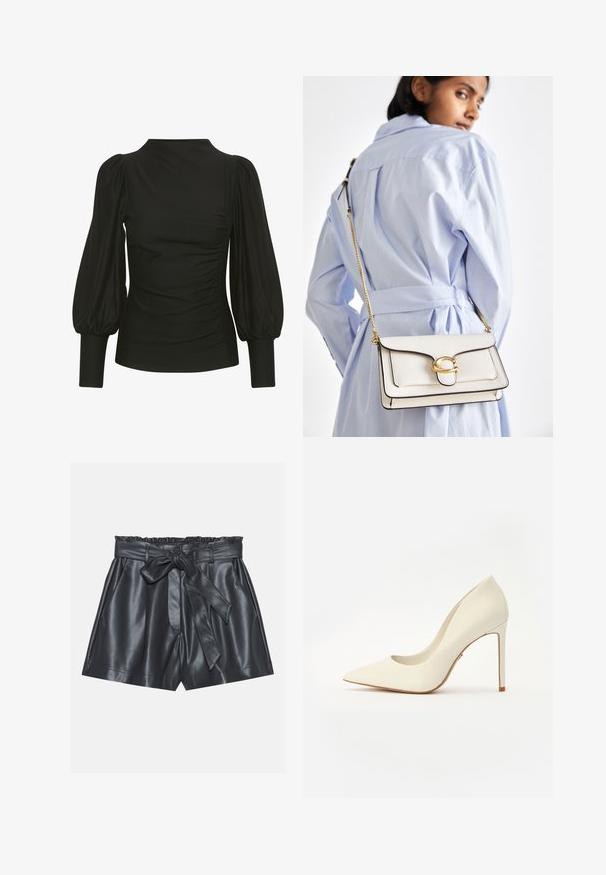 Top negru cu mâneci bufante, design elegant, material moale, având pliere pe lateral și manșete ajustate. Stil minimalist, fără logo-uri vizibile.; Shorts negri din piele cu talie înaltă, bandă elastică, curea detașabilă și textură netedă. Prezintă un front plat și buzunare laterale.; Pantofi cu toc înalt albaștri, cu vârful ascuțit, textură din piele netedă și toc subțire în stil stiletto. Design minimalist cu accente subtile.; Geantă din piele albă cu accesorii aurii, cu un clapetă frontală și margini negre, având o curea din lanț purtată peste umăr, în contrast cu o cămașă de culoare albastru deschis.