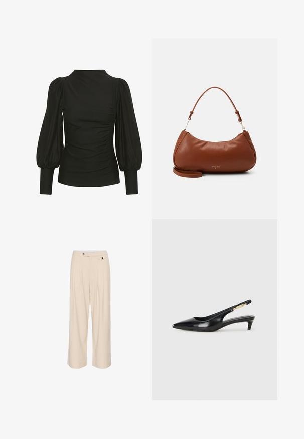 Schwarzes Oberteil mit Puffärmeln, eleganter Schnitt, weicher Stoff, seitliche Raffung und enganliegende Manschetten. Minimalistischer Stil, keine sichtbaren Logos.; Beige weit geschnittene Hosen mit flachem Front, zwei Seitentaschen, Knopfverschluss und gefalteten Details für zusätzliche Textur und Design.; Schwarze Leder-Slingback-Pumps mit spitzem Schuhblatt, ausgestattet mit einem schlanken Absatz und einem goldfarbigen Akzent am verstellbaren Riemen. Glatte Textur.; Braune Lederhandtasche mit geschwungener Form, kurzem Schulterriemen und goldfarbener Logo-Detail. Glatte Textur mit weichem Finish.
