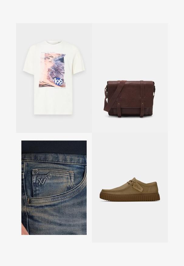 Kortærmet hvid T-shirt med et strandmotiv i pink og blå samt teksten "192" og "TOM TAILOR MEETS THE SEA". Blødt bomuldsstof.; Blå denimjeans med en falmet tekstur, med en møntlomme og en sort logodetalje foran. Taljebåndet er af mørk marineblåt ribstrikket stof.; Lysebrune ruskindsko med rund tå, syet detaljer og en ribbet brun gummisål. Har et sidemærke med "Clarks" logo.; Brun læder buddeltaske med en flad frontklap, to remme, guld hardware detaljer og en justerbar skulderrem.