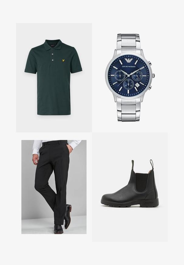 Lyle & Scott Pólóing - argyle teal; Fekete öltöny nadrág, testhezálló szabással, sima felülettel, egyenes lábszárral és övhurkokkal, fényes fekete öltönycipővel párosítva.; Fekete bőr Chelsea csizma rugalmas oldalsó panelekkel, húzófüllel, masszív gumitalppal és steppelt részletekkel. Simább textúra az egész felületen.; Emporio Armani Kronográf óra - silver-coloured