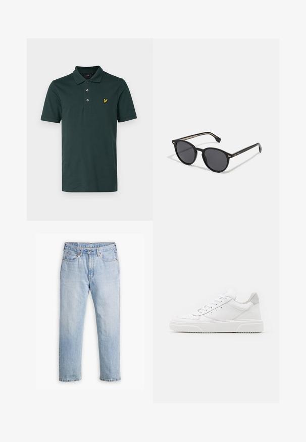 Lyle & Scott Polo - argyle teal; Jeans in denim blu chiaro con design a gamba dritta, stile a cinque tasche e cuciture a contrasto. Chiusura con bottone e zip in vita.; Sneaker bianche in pelle con finitura liscia, punta arrotondata, lacci piatti e suola texturizzata. Accento in suede grigio sul tallone.; BOSS Occhiali da sole - black