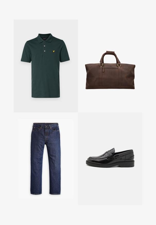 Lyle & Scott Polo krekls - argyle teal; Tumši zilie taisni džinsi ar priekšējo pogu, rāvējslēdzēja aizdari, piecām kabatām un vara kniedēm.; Melnas ādas loafers ar gludu apdari, noapaļotu purngalu, zemu papēdi un dekoratīvo izšuvumu gar priekšējo daļu. Gumijas outsole labai saķerei.; Brūns ādas ceļojumu soma ar divām rokturiem, priekšējo kabatu ar rāvējslēdzēju un pastiprinātu šuvēm uz baltā fona.