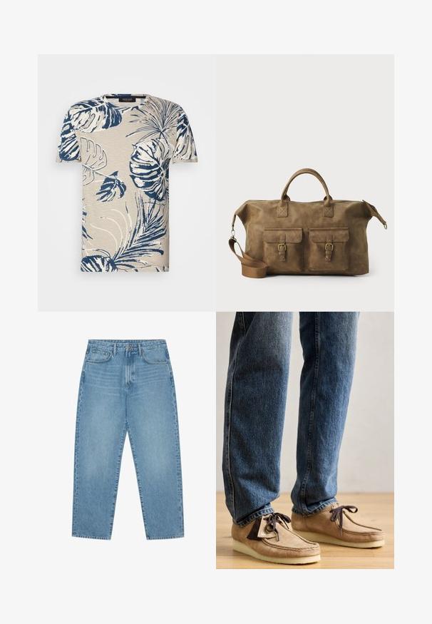 T-shirt à manches courtes en beige avec un motif de feuilles tropicales bleu marine, dotée d'un col ras du cou et d'une apparence de tissu texturé.; Jean en denim bleu clair avec une coupe droite, design cinq poches et une texture légèrement délavée. Dispose d'une fermeture à bouton et à glissière.; Mocassins en daim de couleur beige avec des accents marron foncé, à bout arrondi et semelle blanche moelleuse. Ils présentent un design à lacets et des détails cousus.; Sac de voyage en cuir marron avec deux poches avant, bandoulière réglable, accessoires en or et poignées supérieures robustes. Texture lisse.